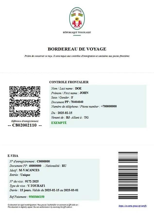 Exempel: E-visum till Togo